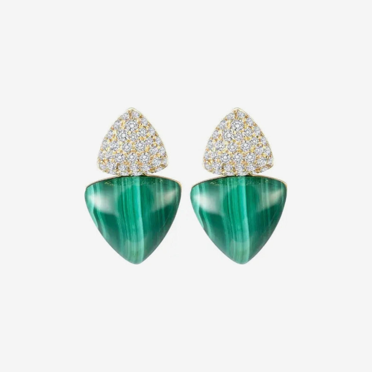 Malachite and Diamond Shield Earrings in 14K Yellow Gold, gray background | JJ Jewelry Miami