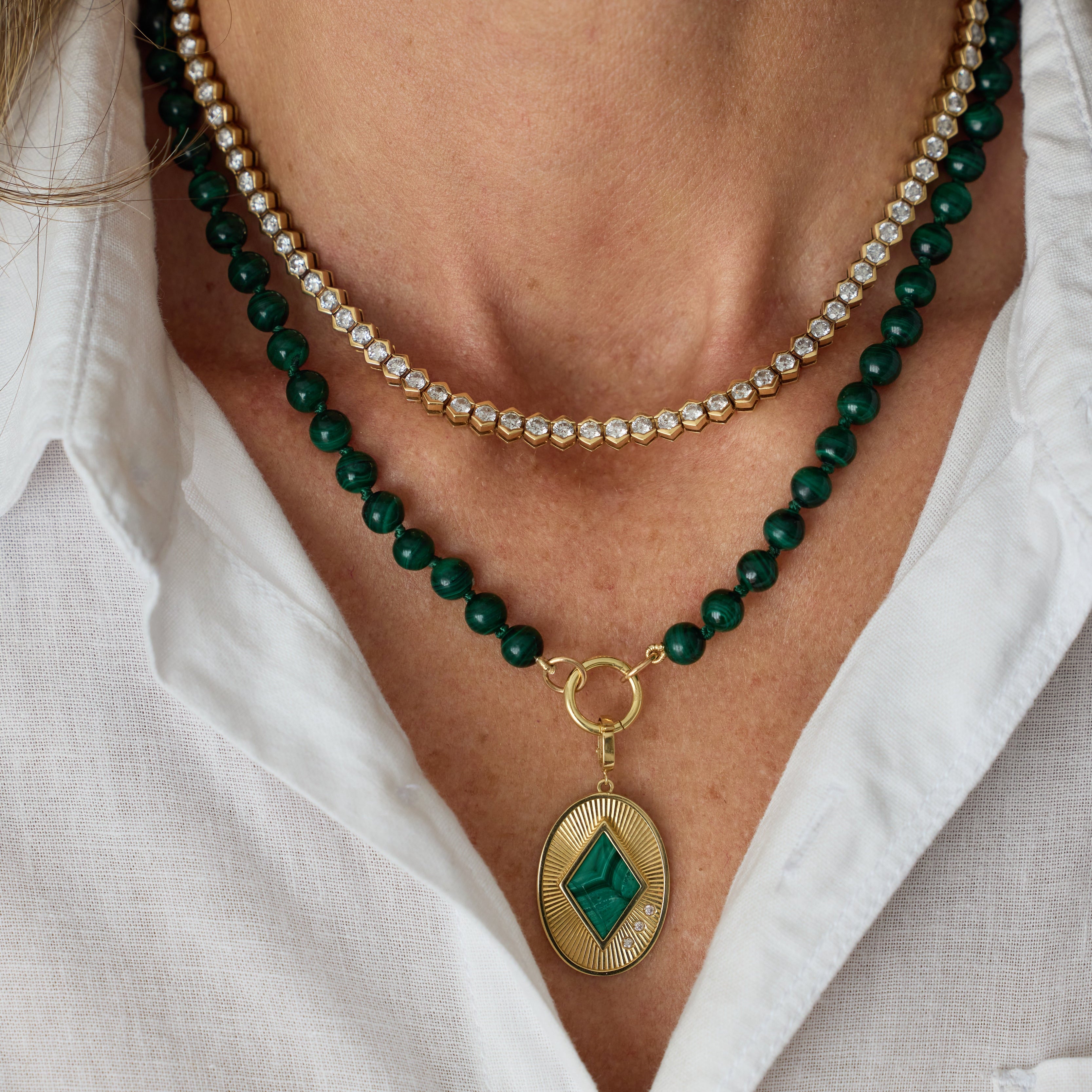 Malachite, Lapis Lazuli & Mother of Pearl Oval Pendant in 18K Yellow Gold