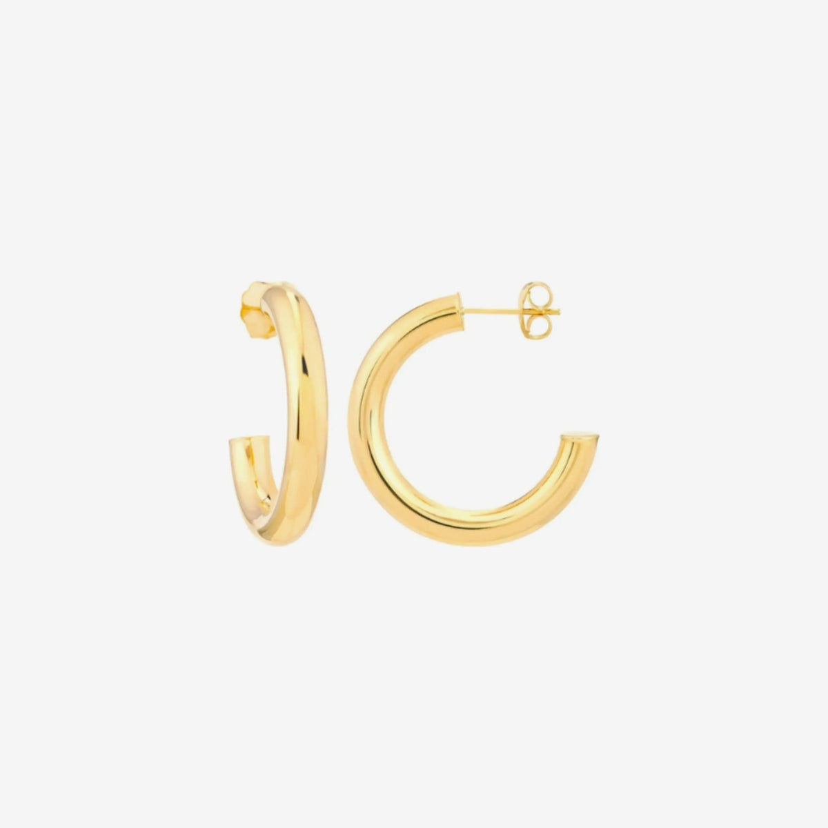 Medium Classic Hoop Earrings in 14K Yellow Gold, gray background | JJ Jewelry Miami