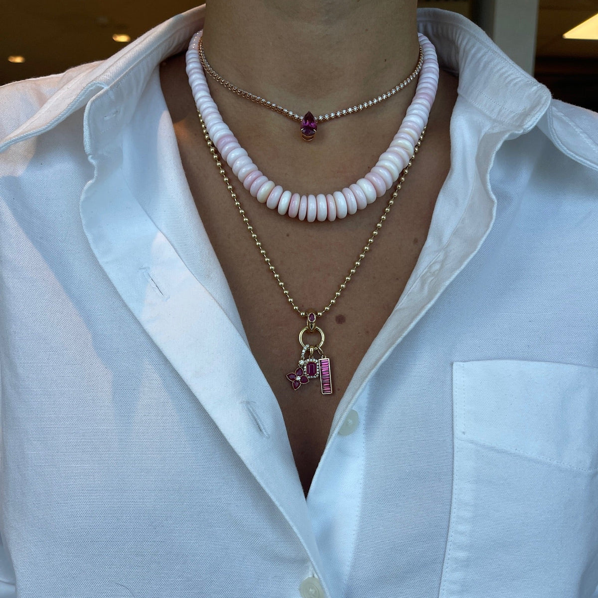 Ruby Baguette Bar Pendant in Yellow Gold | JJ Jewelry Miami