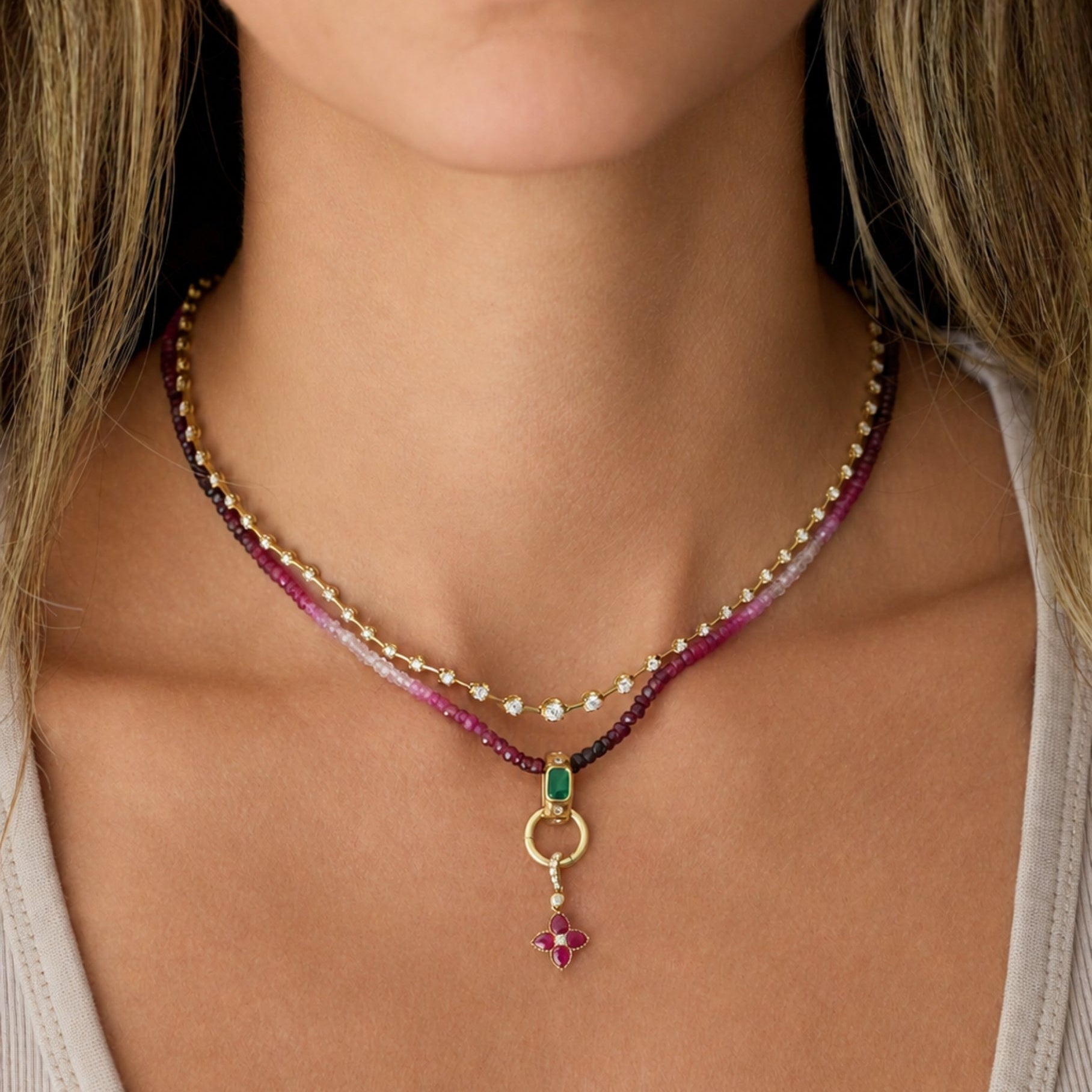 Mini Floral Pendant with Emerald or Ruby and Diamonds in Yellow Gold