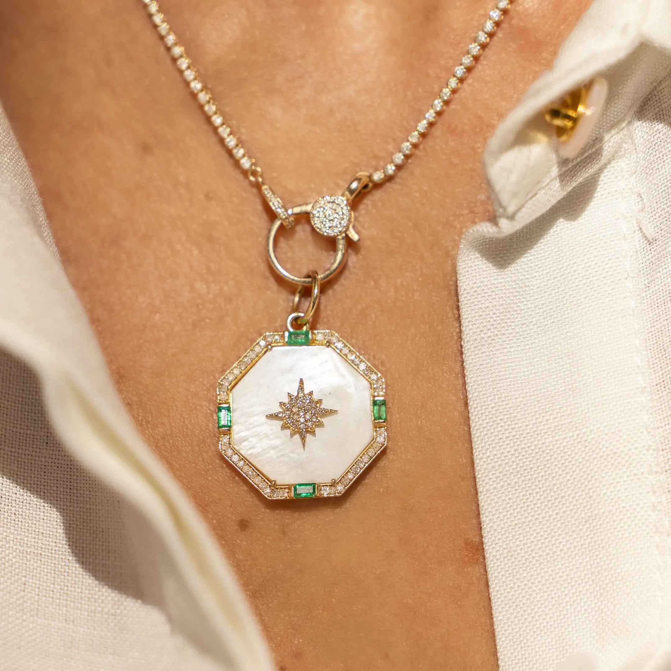 Mother of Pearl Diamonds & Emerald Octagon Pendant-Princess Jewelry Shop