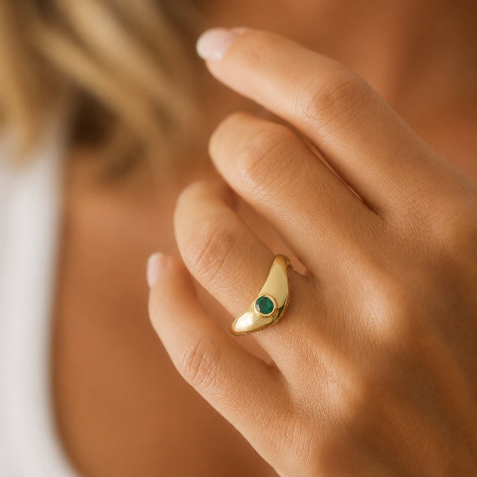 Multi-Gemstone Curved Ring with Diamonds in 18K Yellow Gold