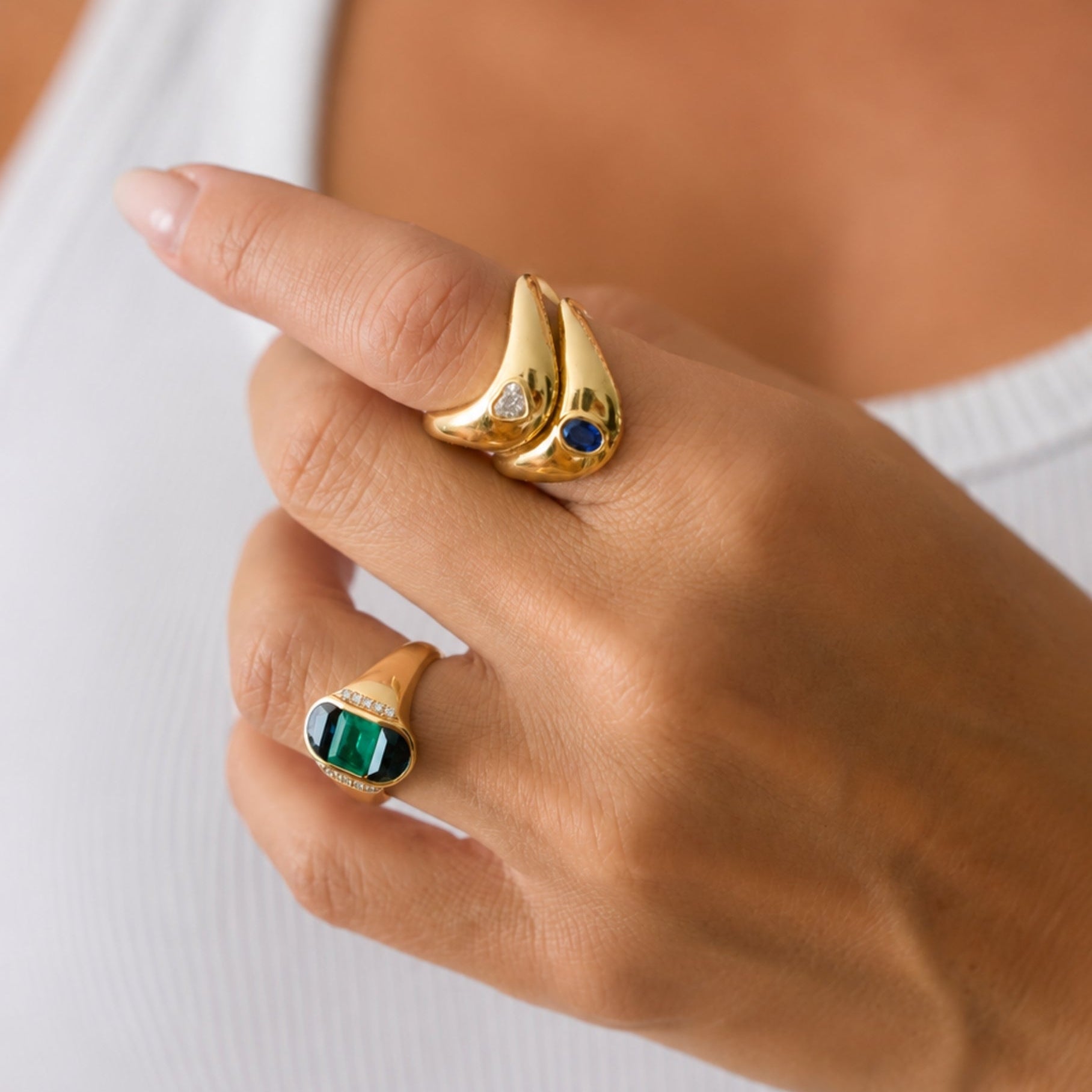 Multi-Gemstone Curved Ring with Diamonds in 18K Yellow Gold