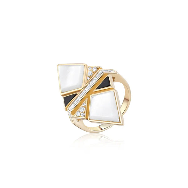 Onyx & Mother of Pearl Geometric Ring | JJ Jewelry Miami