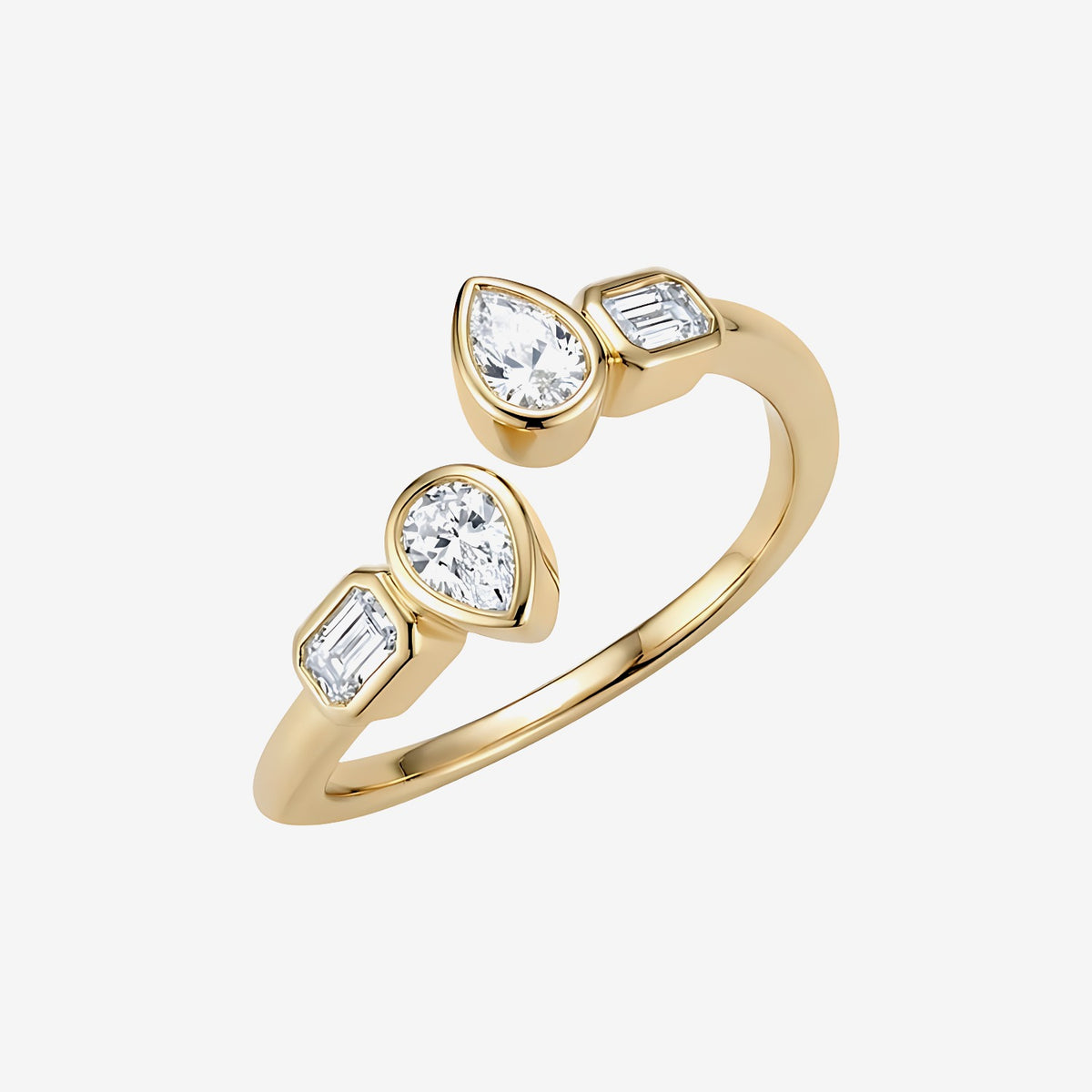 Open Bezel Pear and Emerald-Cut Diamond Ring in 18K Yellow Gold | JJ Jewelry