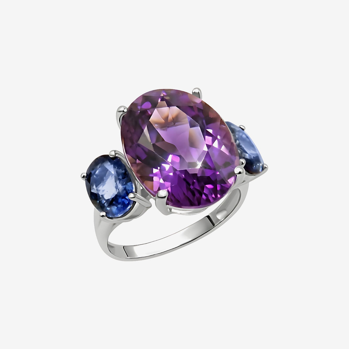 Oval Amethyst and Blue Sapphire Cocktail Ring in 18K White Gold | JJ Jewelry