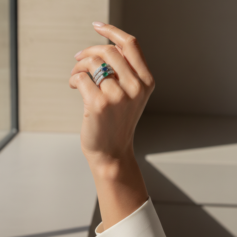 Oval Emerald Pavé Diamond Ring in 18K Gold, view 3 | JJ Jewelry Miami