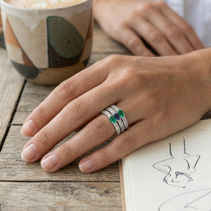 Oval Emerald Pavé Diamond Ring in 18K Gold, view 2 | JJ Jewelry Miami