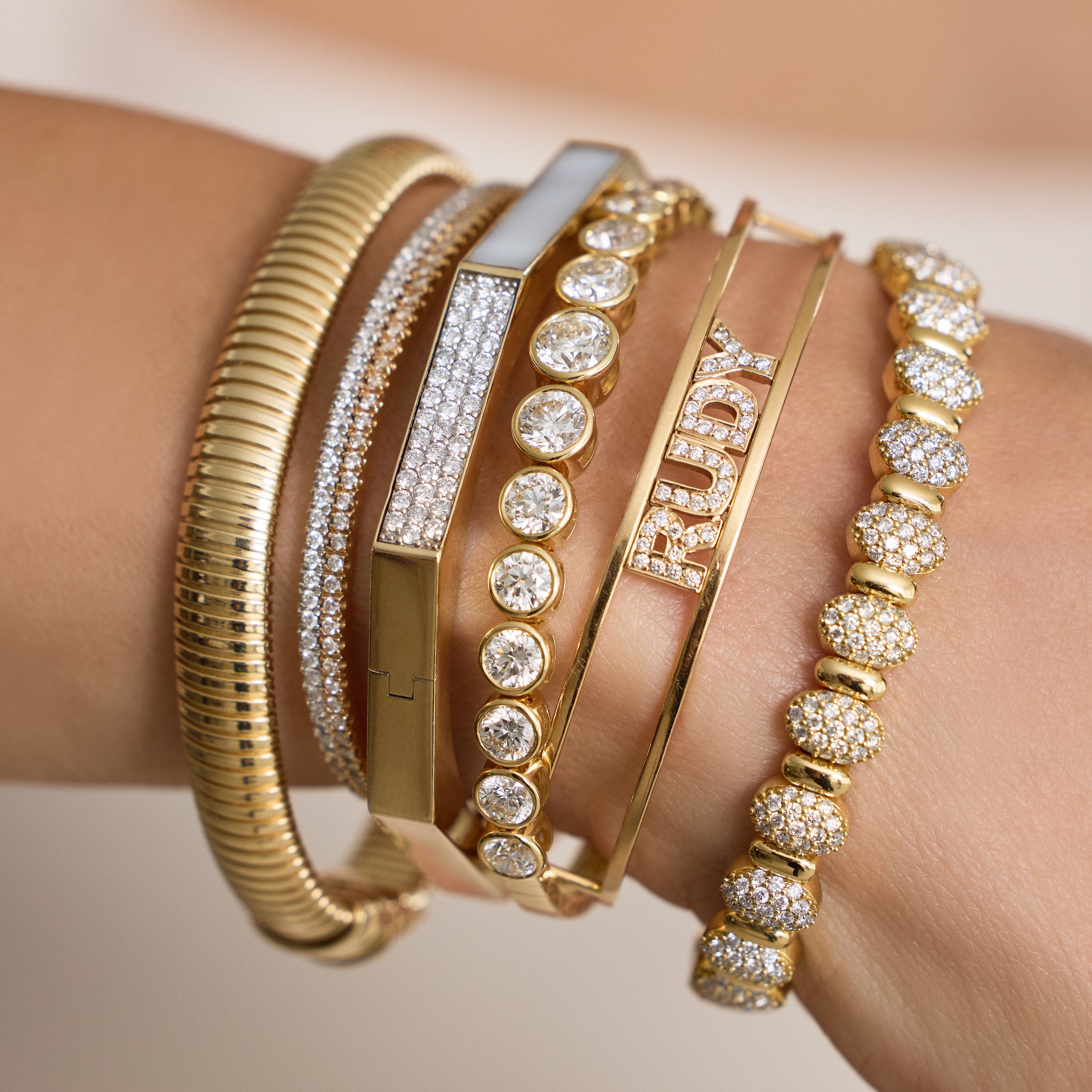 Octagonal Mother of Pearl & Diamond Bangle Bracelet in 14K Yellow Gold