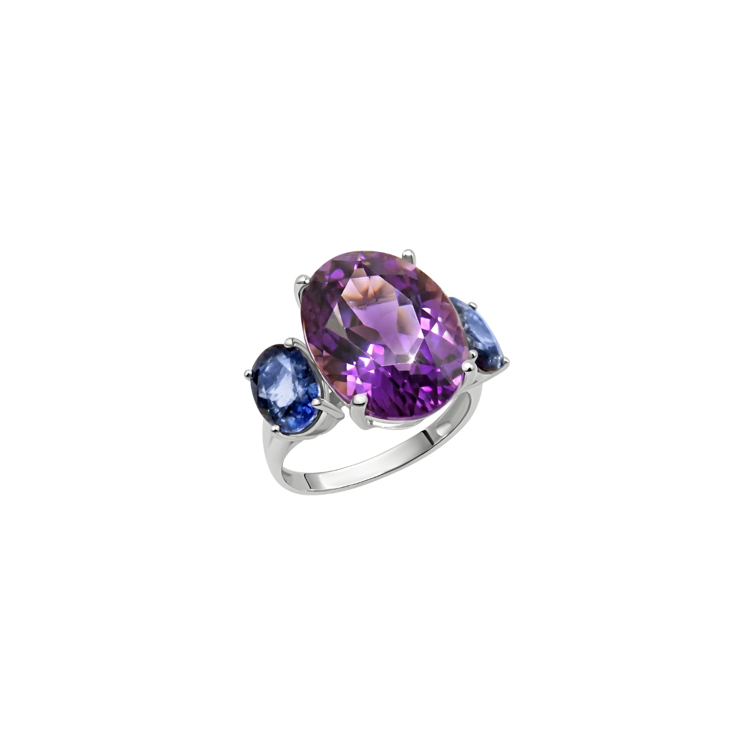 Oval Amethyst & Blue Sapphire Cocktail Ring in 18K White Gold