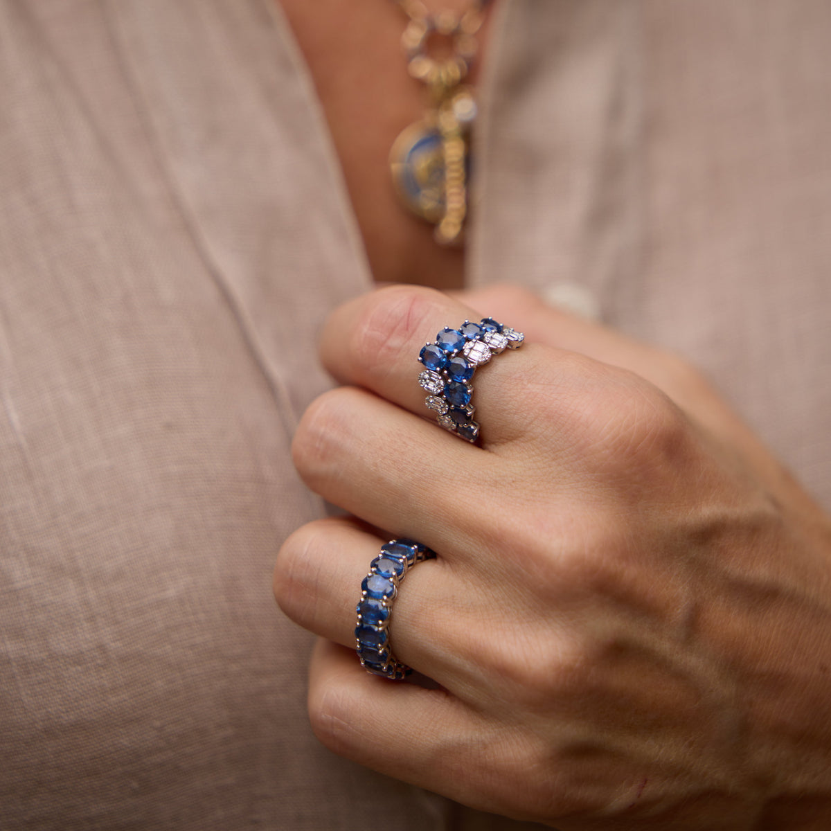 Emerald-Cut Blue Sapphire Full Eternity Ring in 18K White Gold, view 4 | JJ Jewelry Miami
