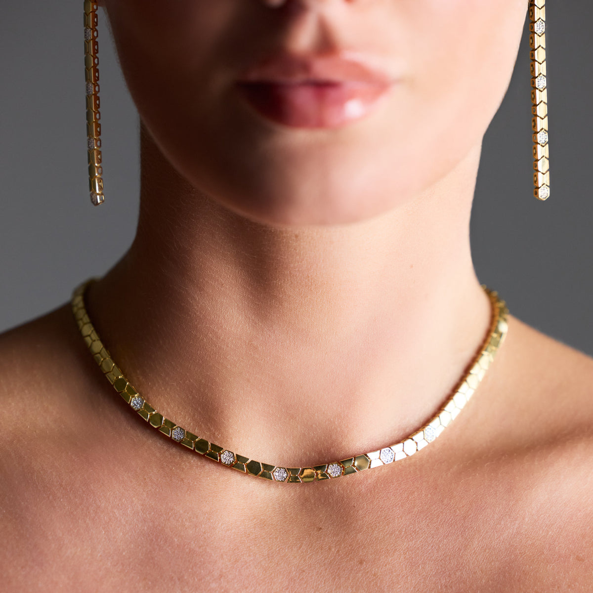 Pavé Diamond Honeycomb Link Necklace in 18K Yellow Gold, view 2 | JJ Jewelry Miami