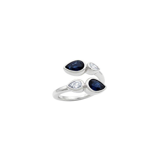 Pear Blue Sapphire & Diamond Open Ring in 14K White Gold