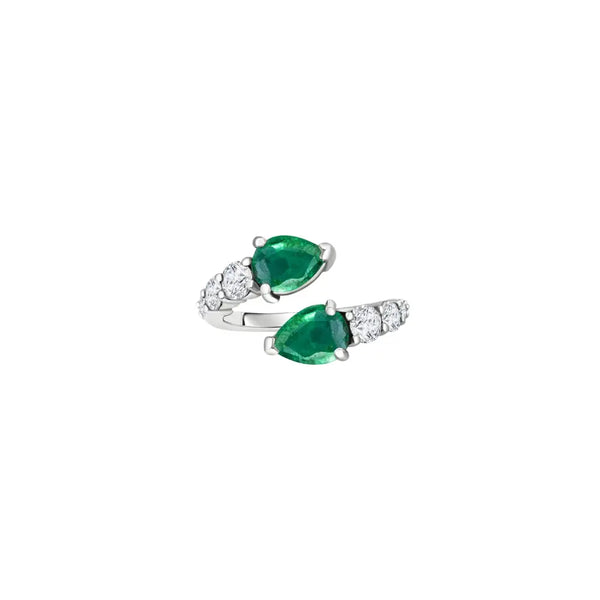 Pear Emerald & Diamond Bypass Ring in 18K White Gold | JJ Jewelry Miami