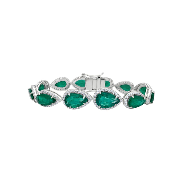 Pear Emerald and Diamond Halo Bracelet in 18K White Gold | JJ Jewelry Miami