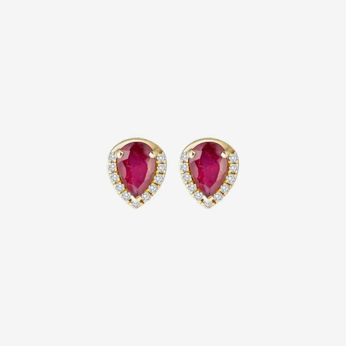 Pear Ruby and Diamond Halo Stud Earrings in 18K Yellow Gold, gray background | JJ Jewelry Miami