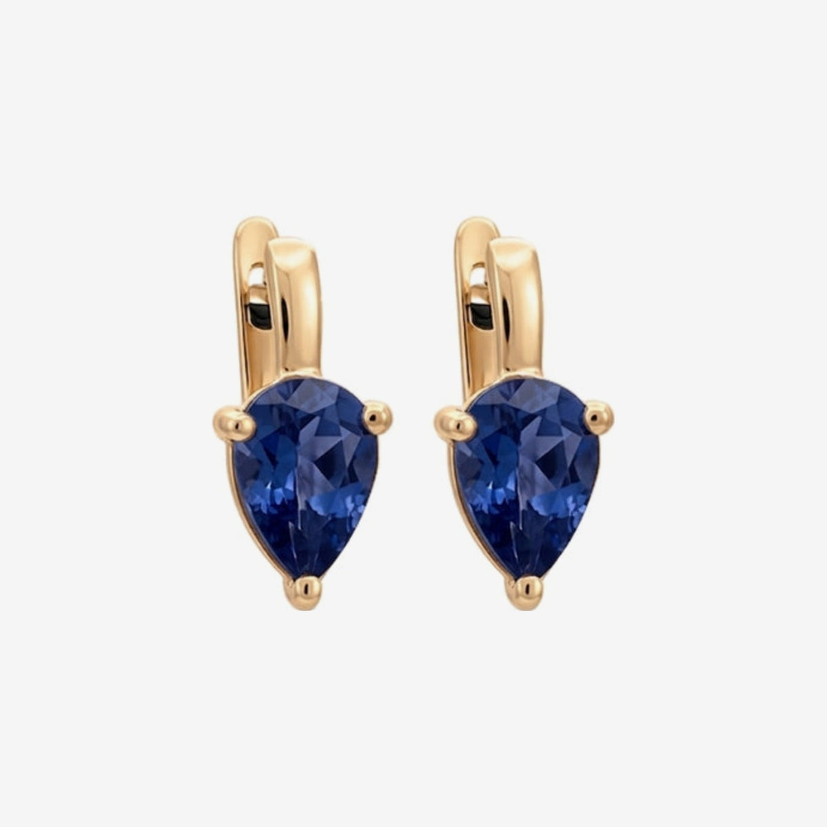 Pear-Shaped Gemstone Drop Earrings in 18K Yellow Gold with Blue Sapphire, gray background | JJ Jewelry Miami
