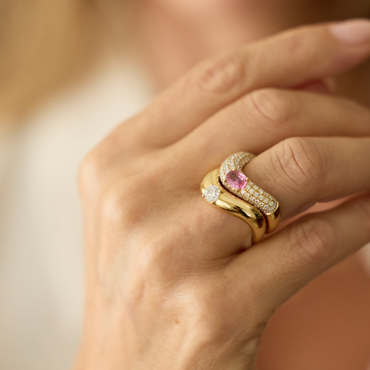 Pink Sapphire & Pavé Diamond Wave Ring in 18K Yellow Gold