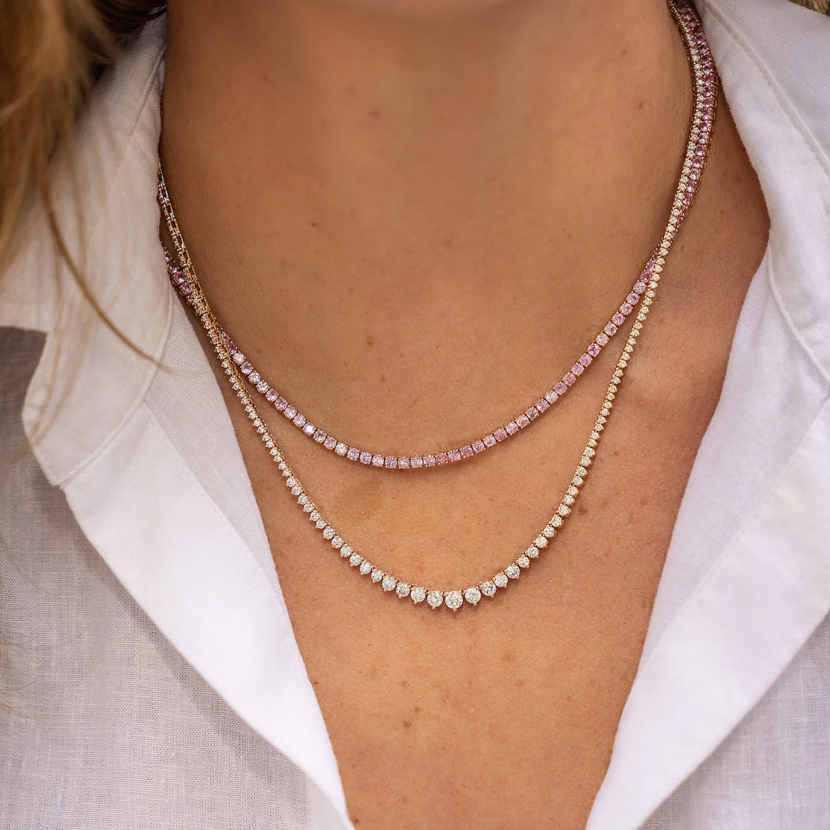 Pink Sapphire Tennis Necklace in 14K Rose Gold, view 3 | JJ Jewelry Miami