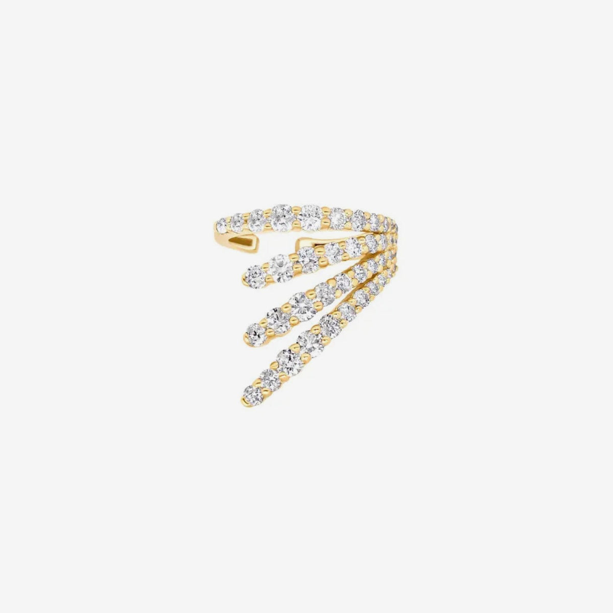 Radiant Cascade Diamond Ear Cuff in 18K Yellow Gold, gray background | JJ Jewelry Miami