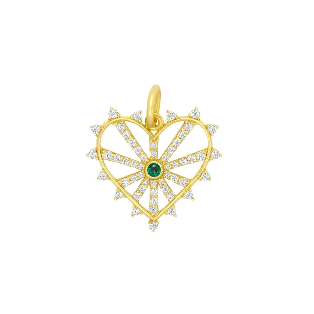 Radiant heart pendant with emerald and diamonds in 14K yellow gold by JJ Jewelry