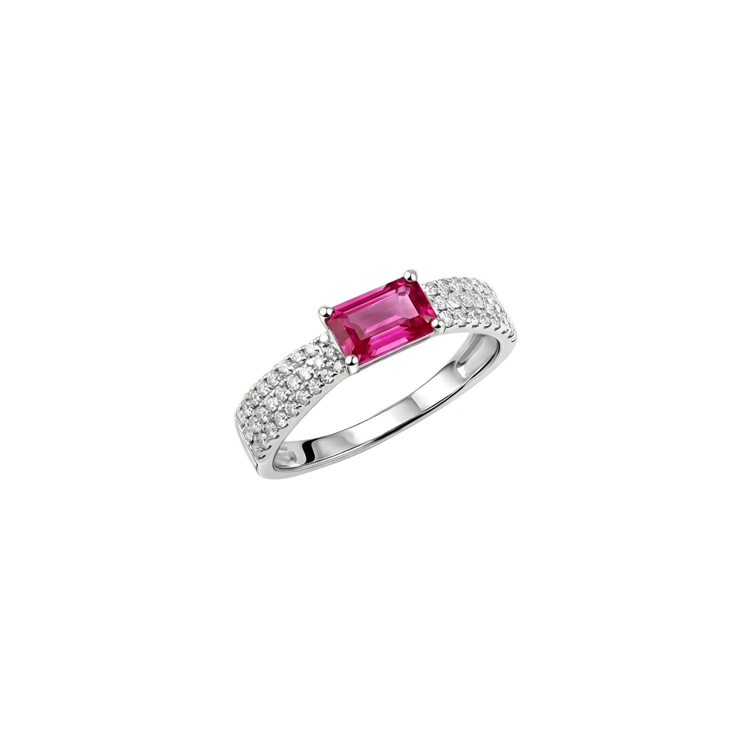 Rectangular Ruby Pavé Diamond Cocktail Ring in 18K Gold