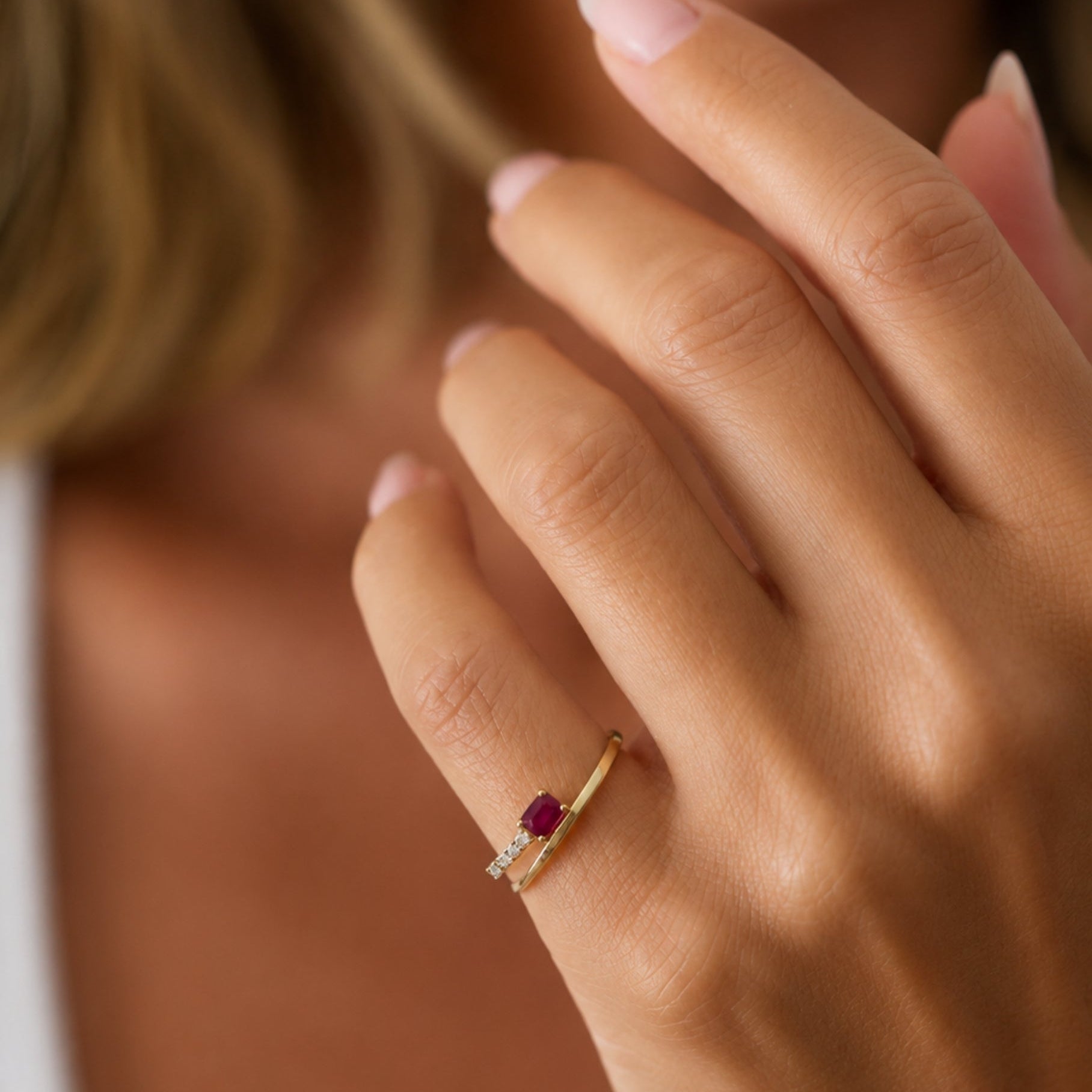 Rectangular Ruby and Diamond Crossover Ring in 14K Yellow Gold