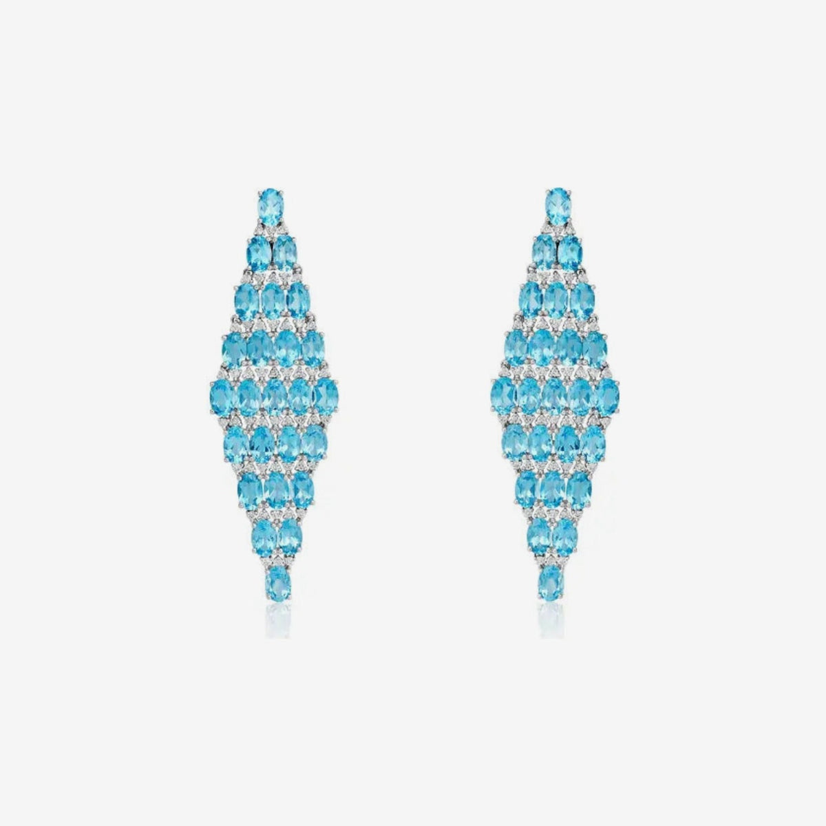 Rhombus Blue Topaz and Diamond Drop Earrings in 18K White Gold, gray background | JJ Jewelry Miami