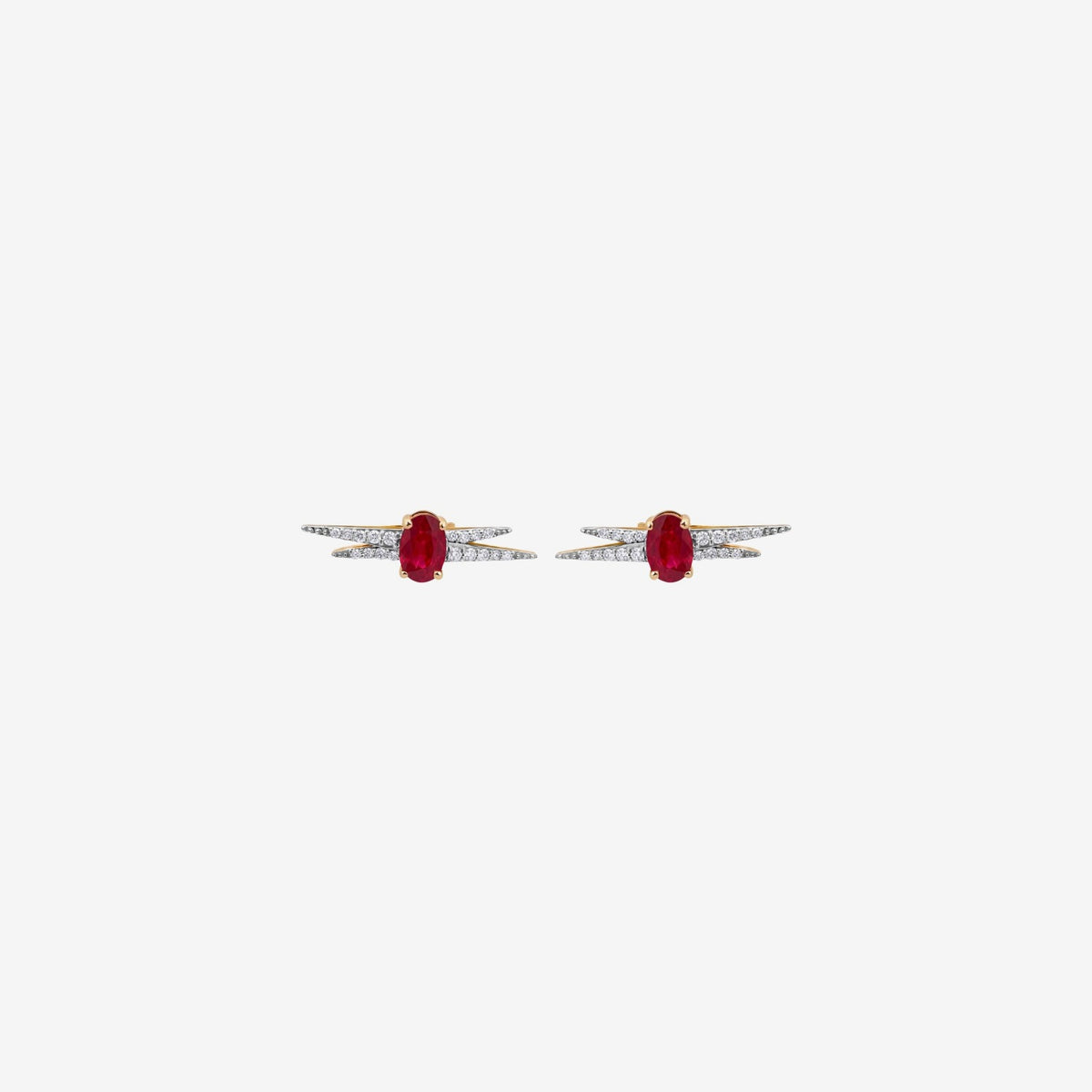 Ruby and Diamond Earrings in 14K Yellow Gold, gray background | JJ Jewelry Miami