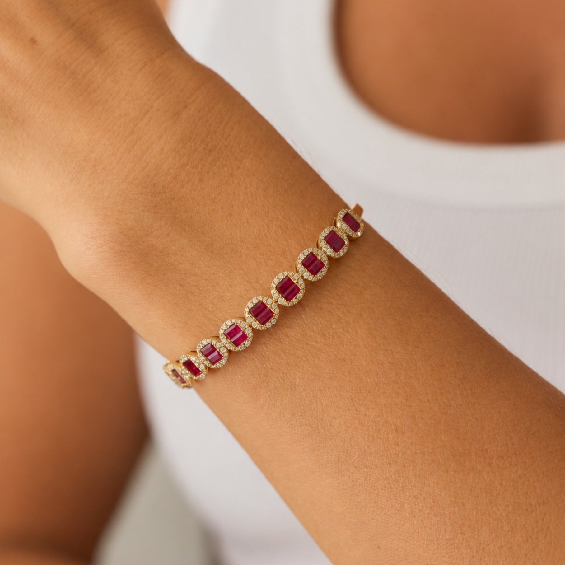 Ruby or Blue Sapphire & Diamond Circle Link Bracelet in 18K Yellow or White Gold