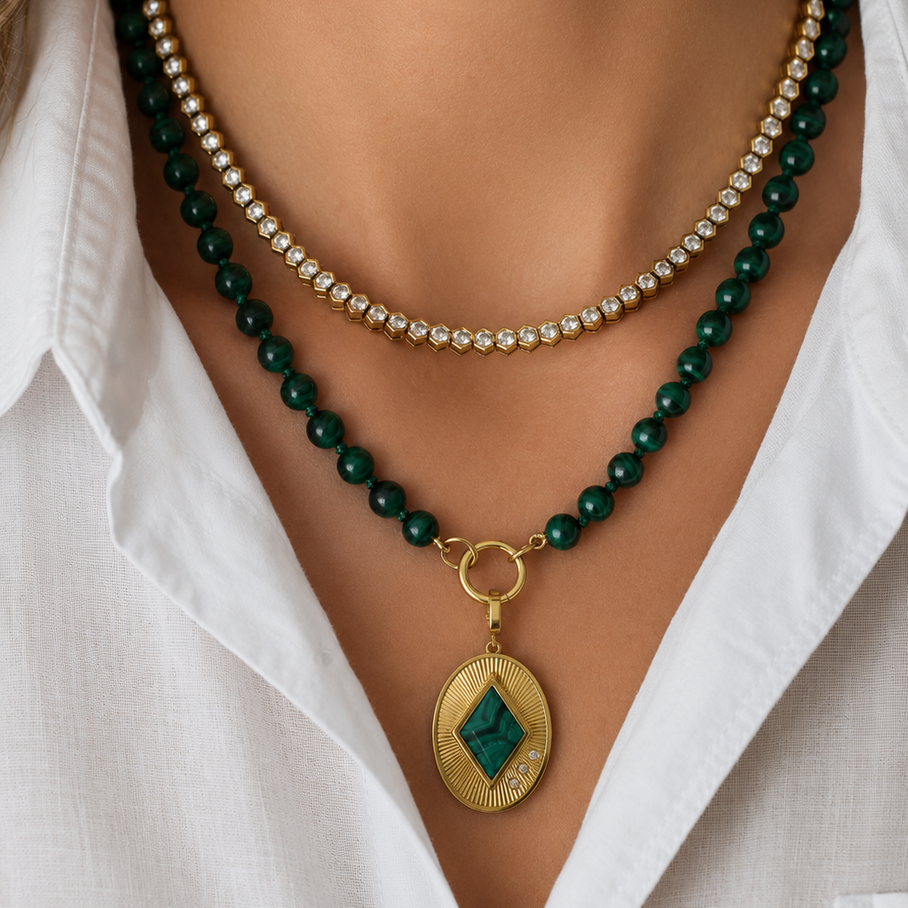 Small Malachite Bead Necklace with 14K Gold Connector, view 1 | JJ Jewelry Miami