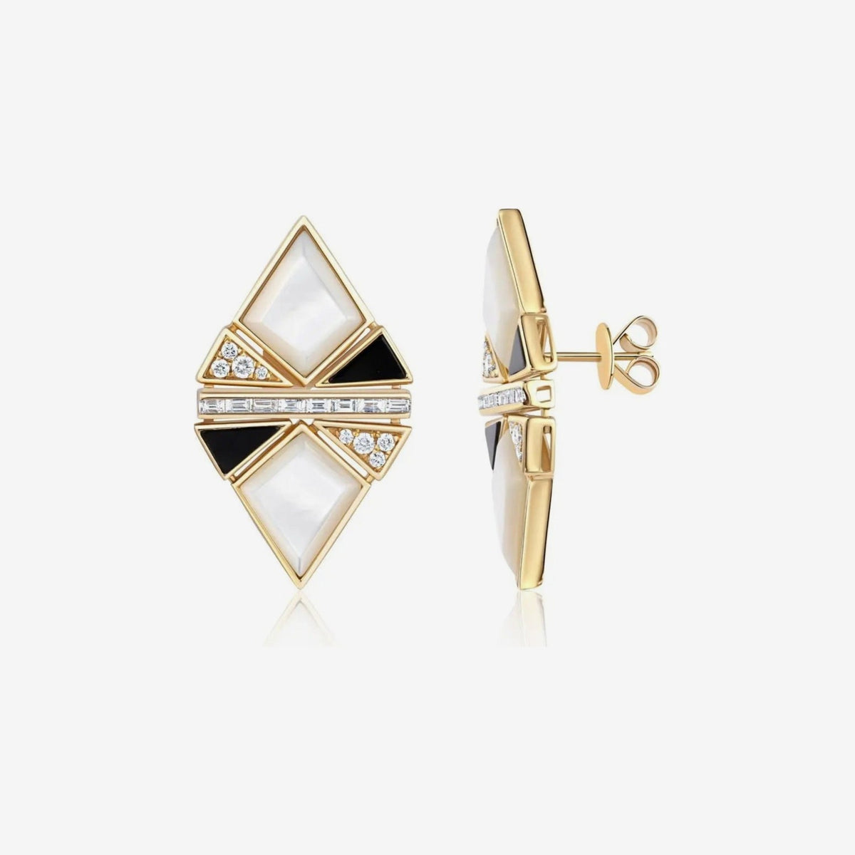 Small Onyx and Mother-of-Pearl Earrings in 18K Yellow Gold, gray background | JJ Jewelry Miami