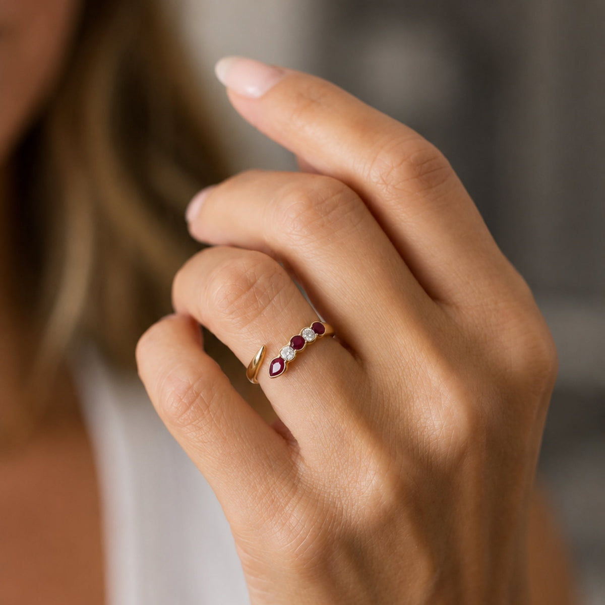 Snake Ruby and Diamond Wrap Ring, lifestyle view 1 | JJ Jewelry