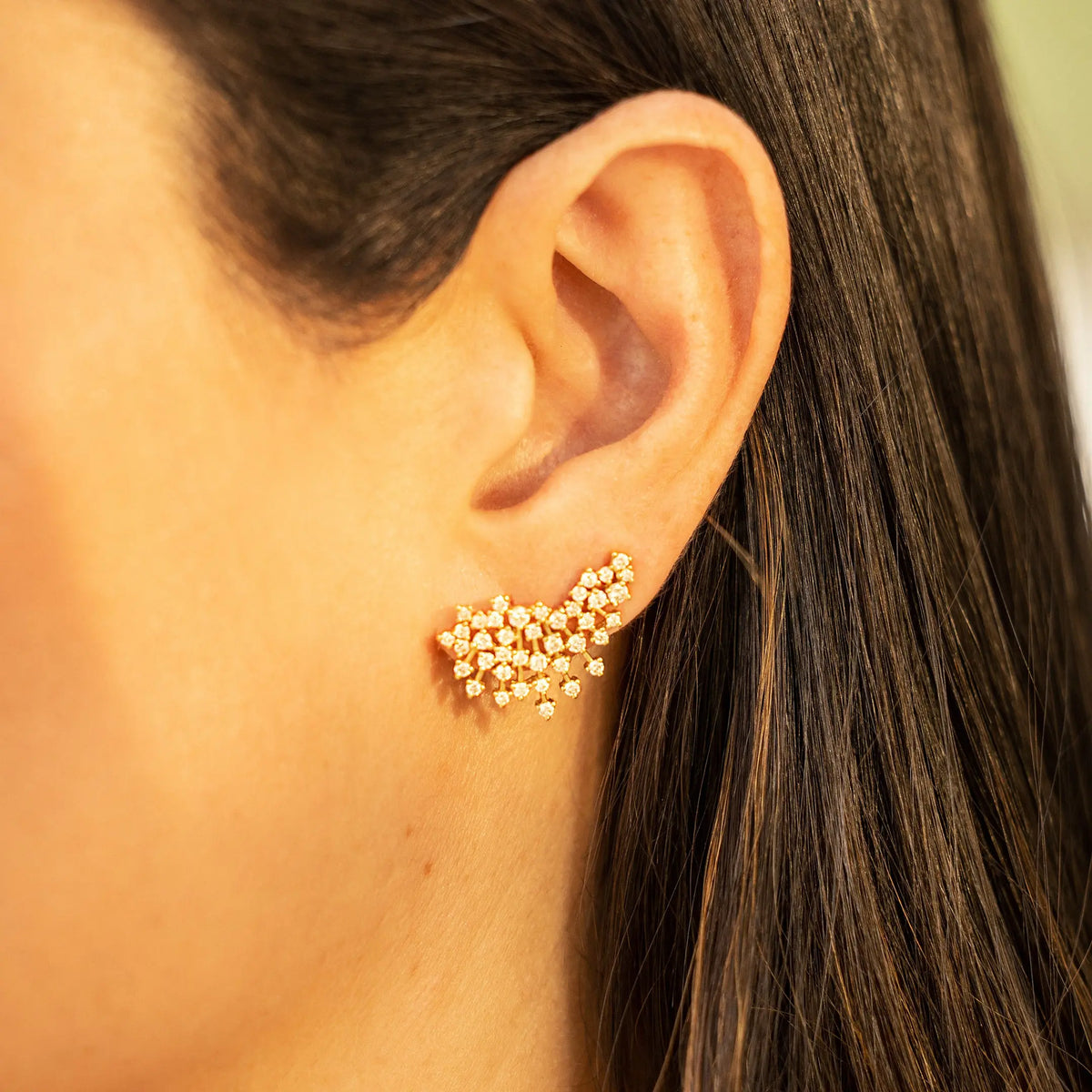Sparkle Diamond Ear Crawlers in 18K Rose Gold, on ear | JJ Jewelry Miami