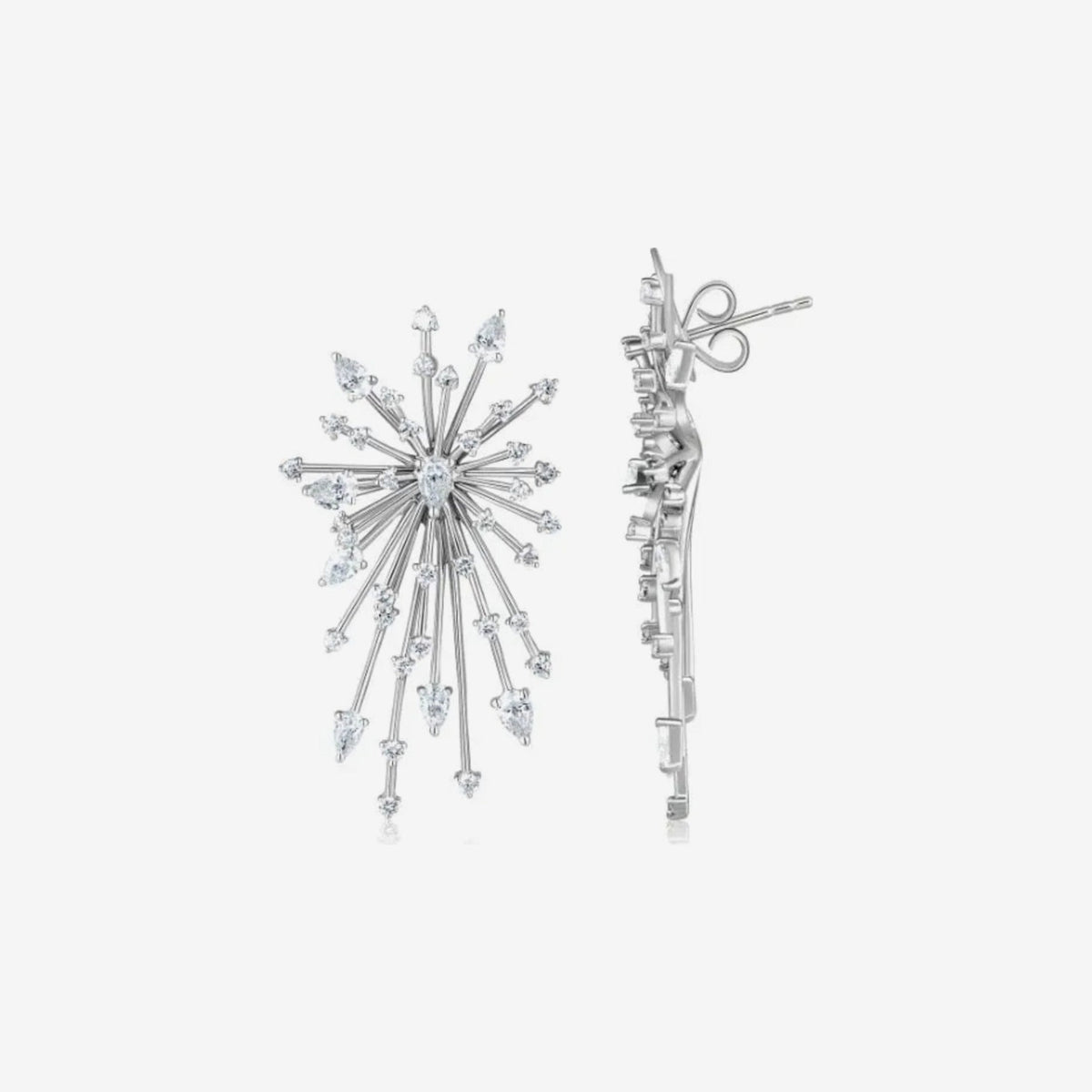 Star Storm Diamond Burst Earrings in 18K White Gold, gray background | JJ Jewelry Miami