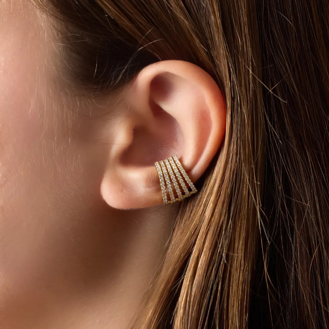 Tapered Five-Row Diamond Ear Cuff, on ear | JJ Jewelry Miami