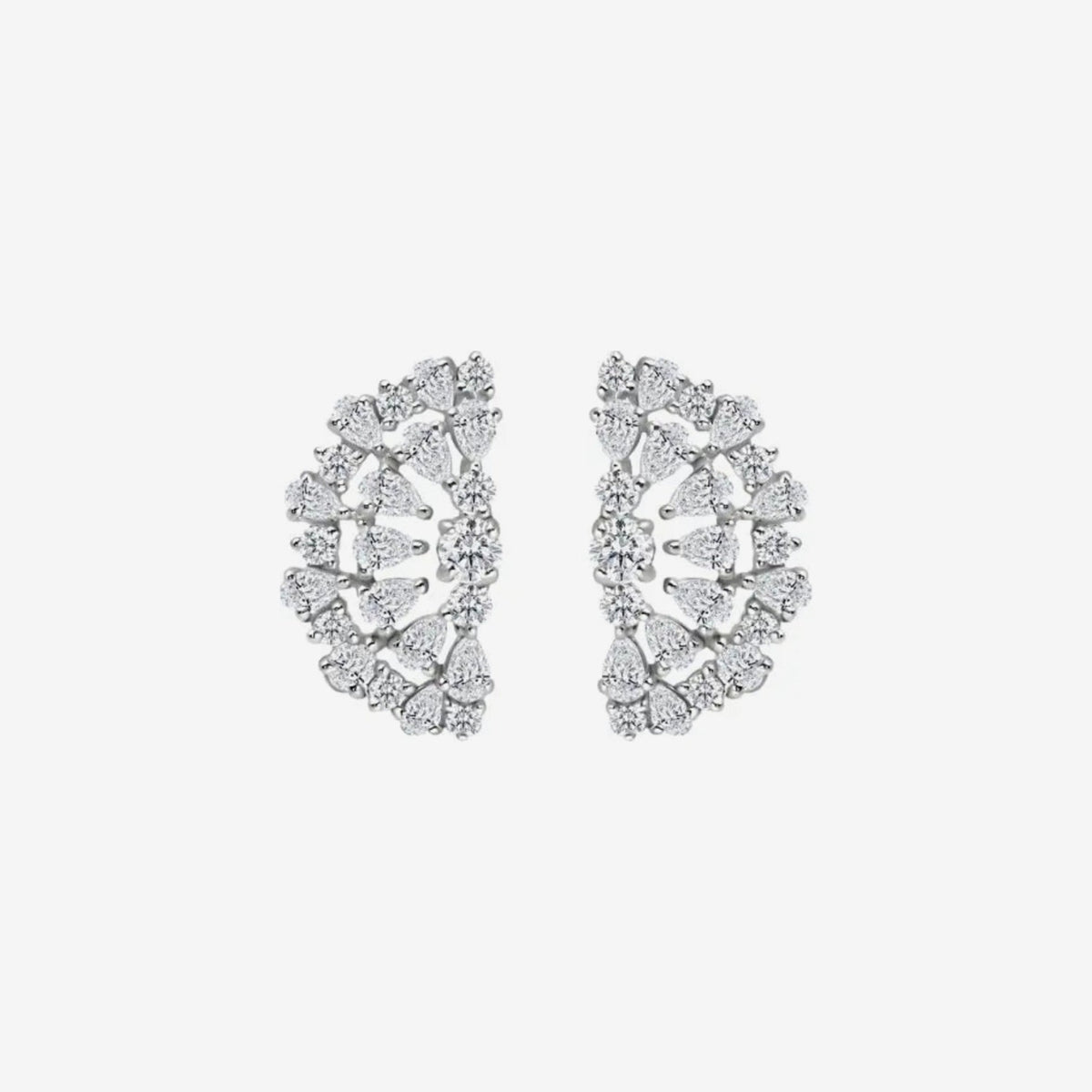 Tessen Fan Diamond Earrings in 18K White Gold, gray background | JJ Jewelry Miami