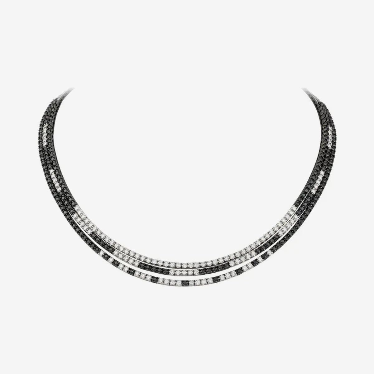 Three-Layer Black and White Diamond Tennis Necklace in 18K White Gold, gray background | JJ Jewelry Miami
