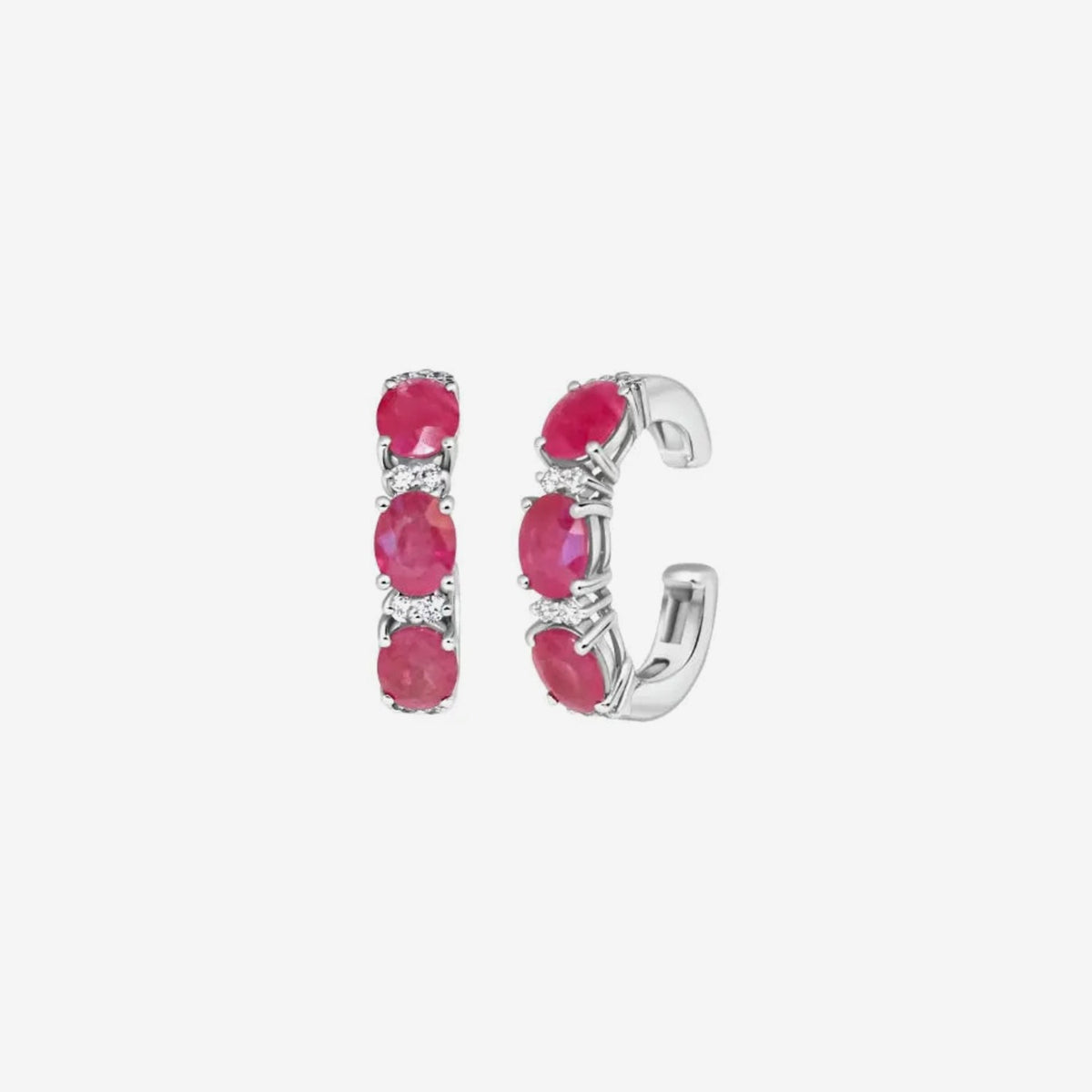 Three-Stone Gemstone and Diamond Ear Cuff in 18K White Gold with Ruby, gray background | JJ Jewelry Miami