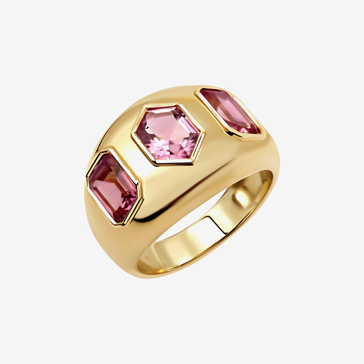 Three-Stone Pink Sapphire Wide Band Ring in 18K Yellow Gold | JJ Jewelry