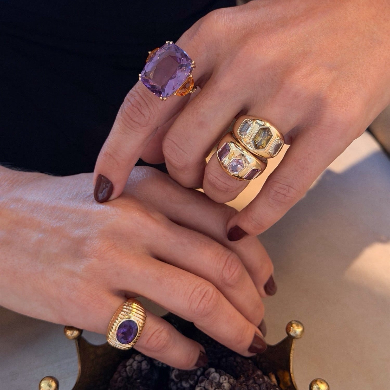 Three-Stone Green Sapphire Hexagon Bezel Ring in 18K Yellow Gold