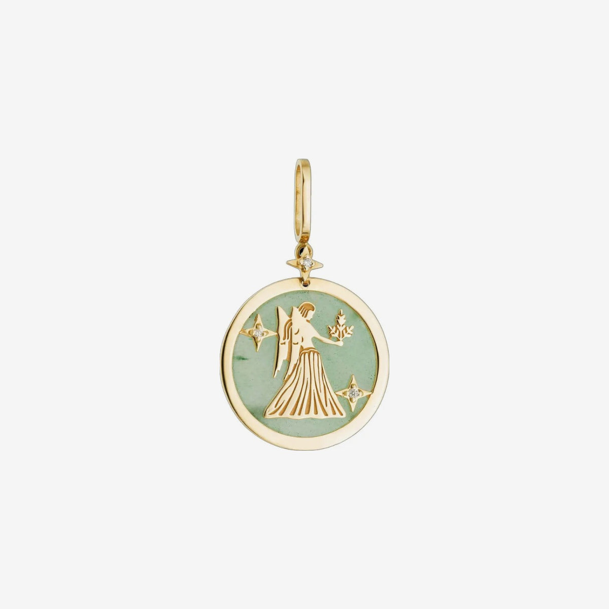 Virgo Zodiac Pendant with Green Quartz & Diamonds in 18K Yellow Gold, view 2 | JJ Jewelry Miami