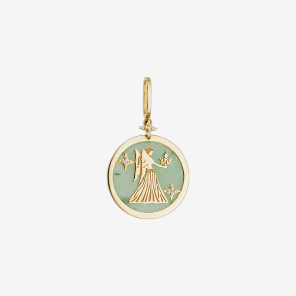 Virgo Zodiac Pendant with Green Quartz & Diamonds in 18K Yellow Gold, view 2 | JJ Jewelry Miami