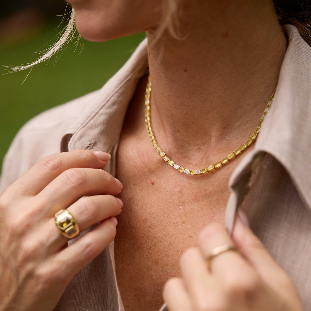 Yellow Sapphire and Diamond Tennis Necklace in 18K Yellow Gold, view 4 | JJ Jewelry Miami