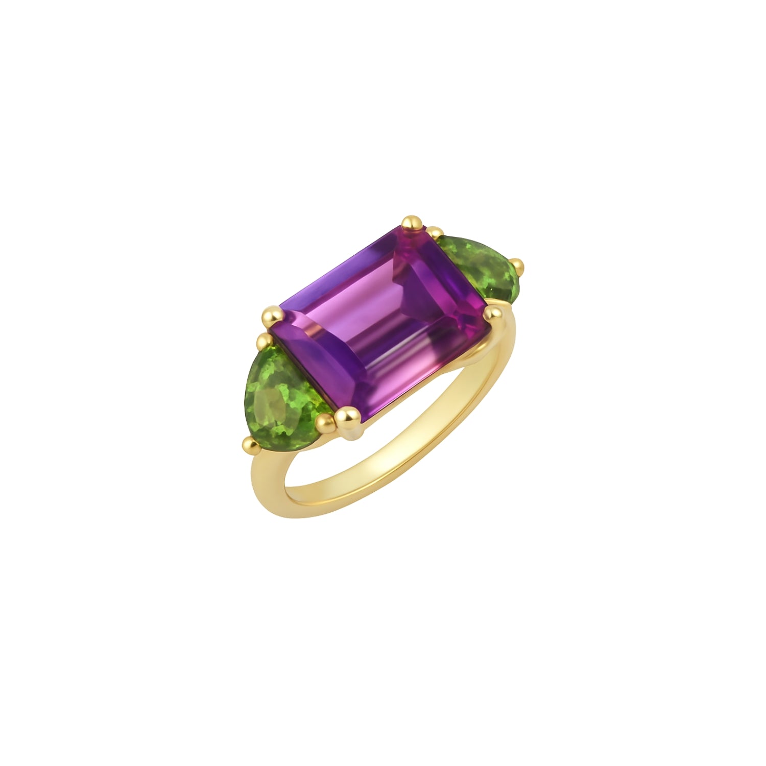 Amethyst and peridot three-stone ring in 14K yellow gold