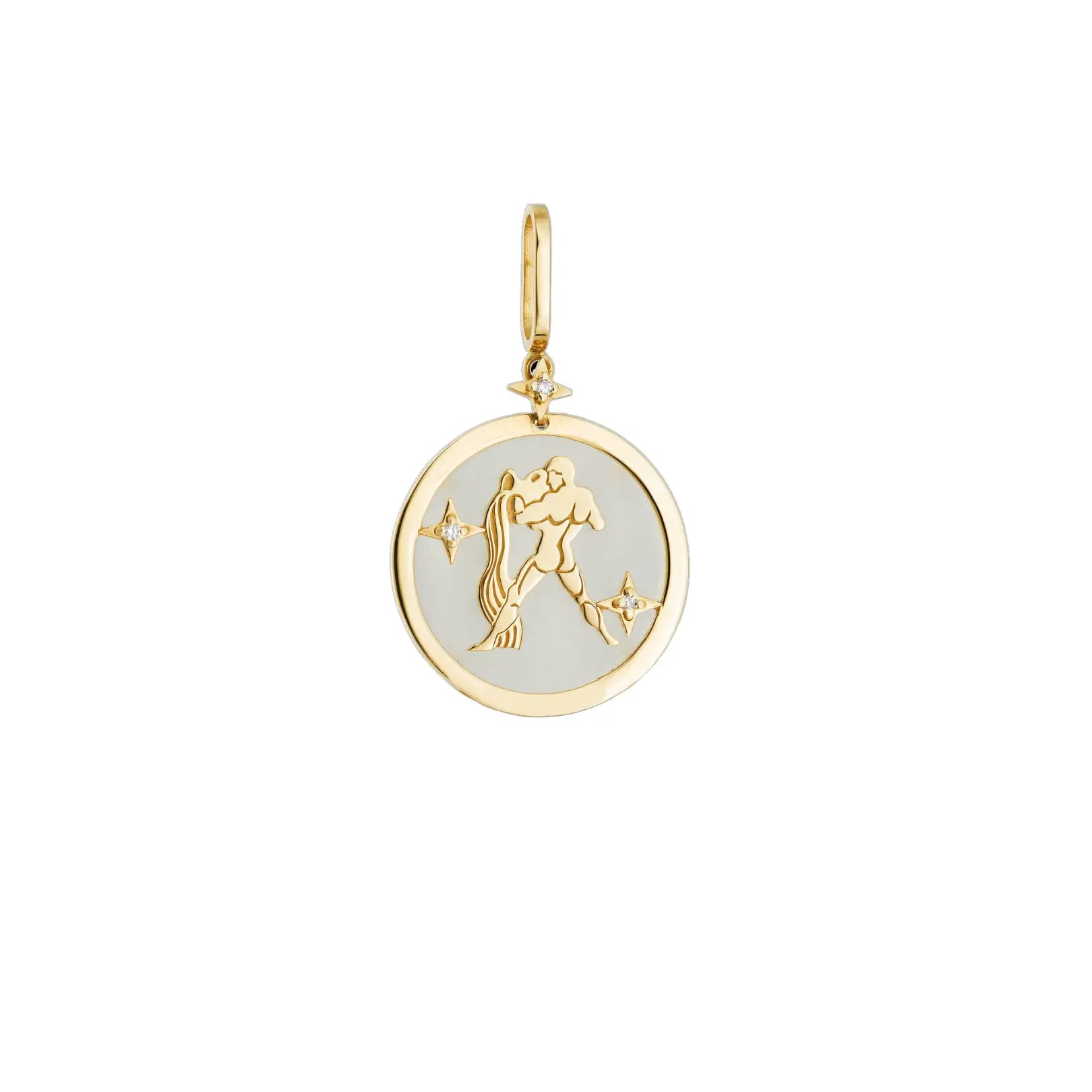 Aquarius zodiac pendant with white quartz and diamonds in 18K yellow gold by JJ Jewelry