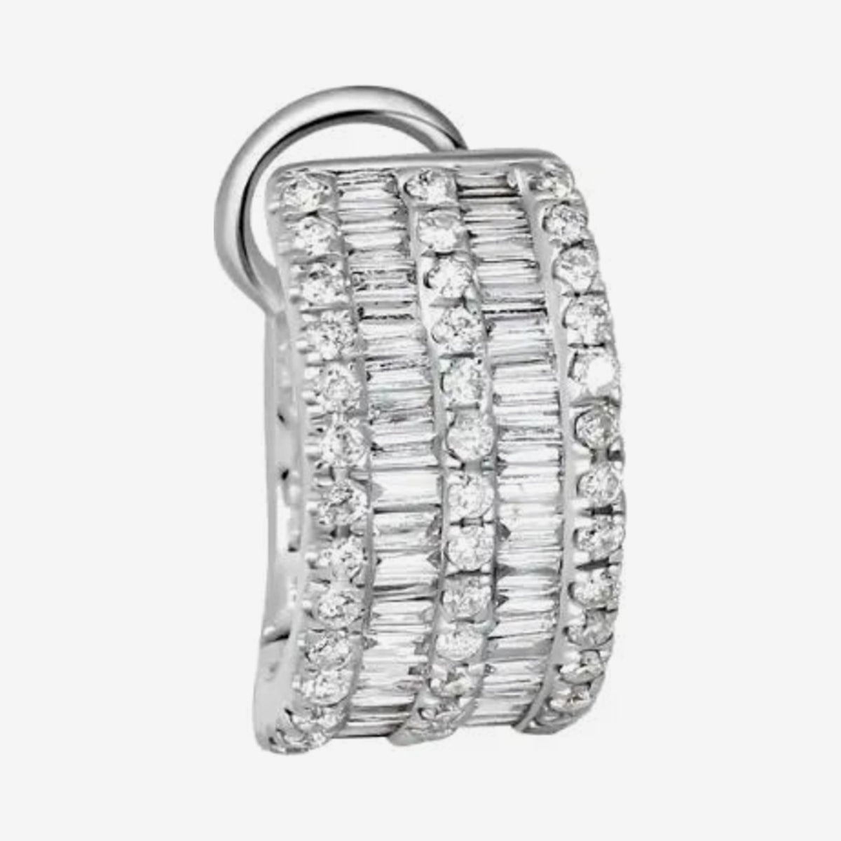 Baguette Diamond Ear Clip in 18K White Gold, gray background | JJ Jewelry Miami