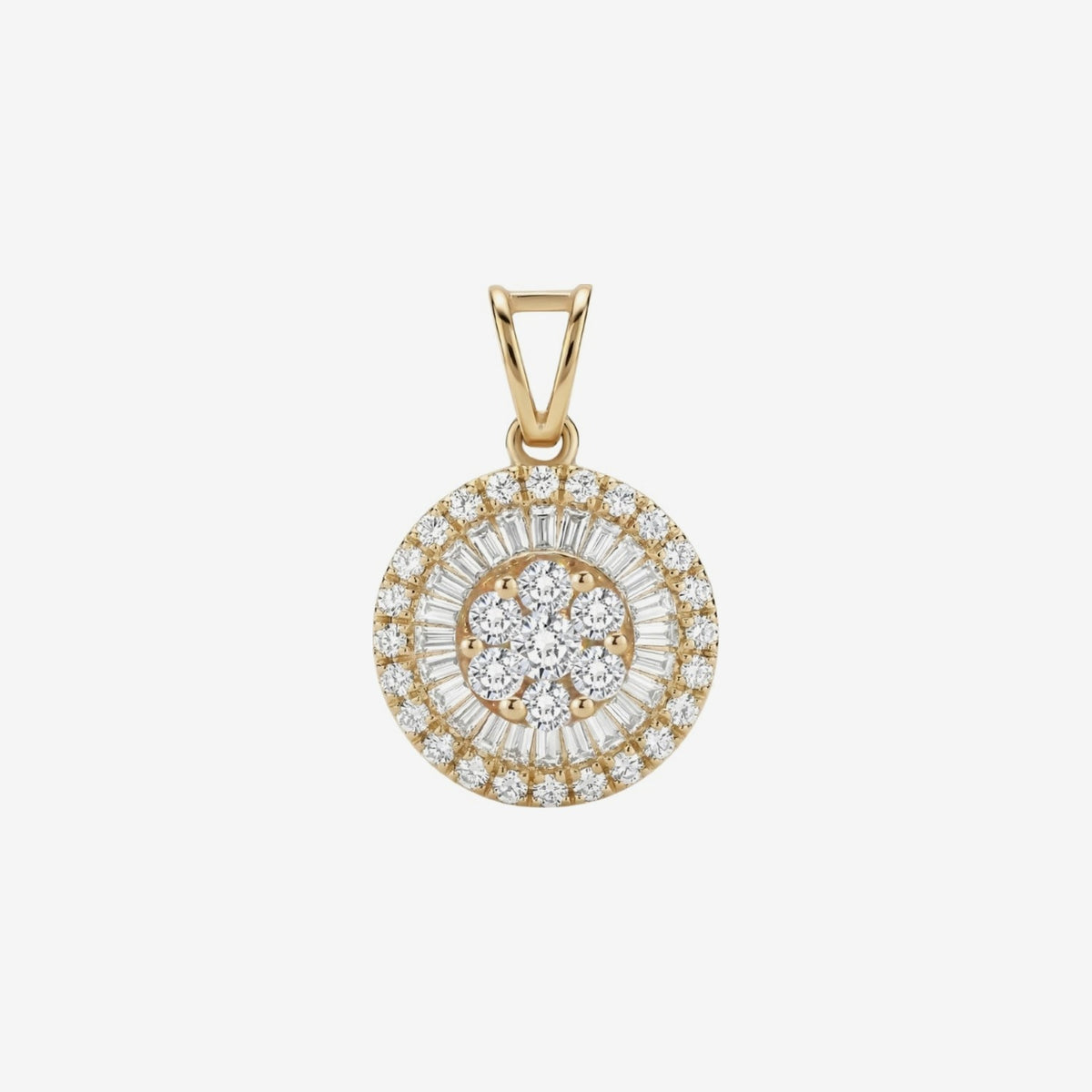 Baguette Halo Diamond Cluster Pendant in 18K Yellow Gold, gray background | JJ Jewelry Miami