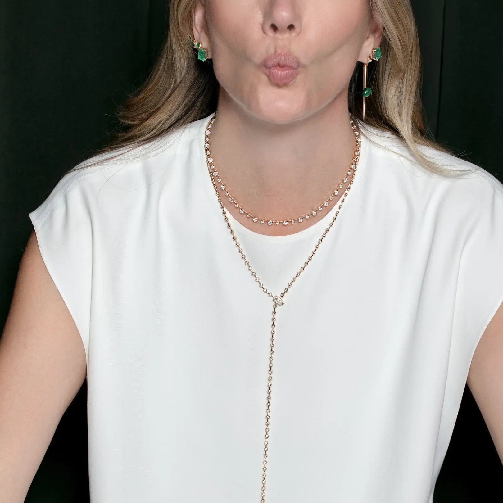 Bezel-set diamond lariat necklace in 18K yellow gold by JJ Jewelry